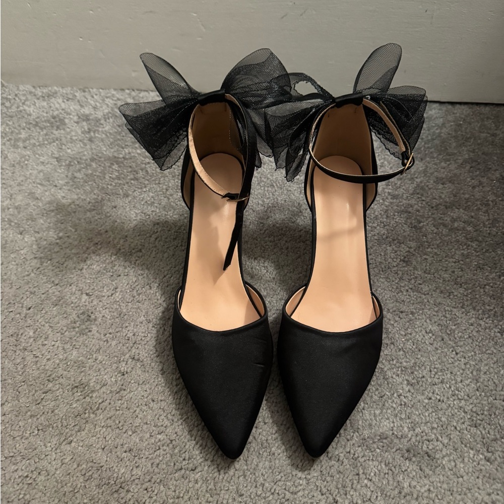 Black Pointed-Toe Ankle-Strap Heels with Bow